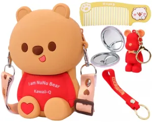 Cute Bear Combo For Kids With Mirror, Comb and Silicon Keychain - Red