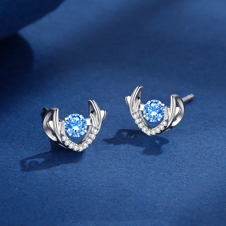 Deer Blue Zircon Silver Studs Earrings for Women