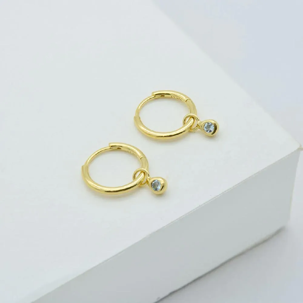 Dew Drops Huggie Hoop Earrings - Gold Aquamarine