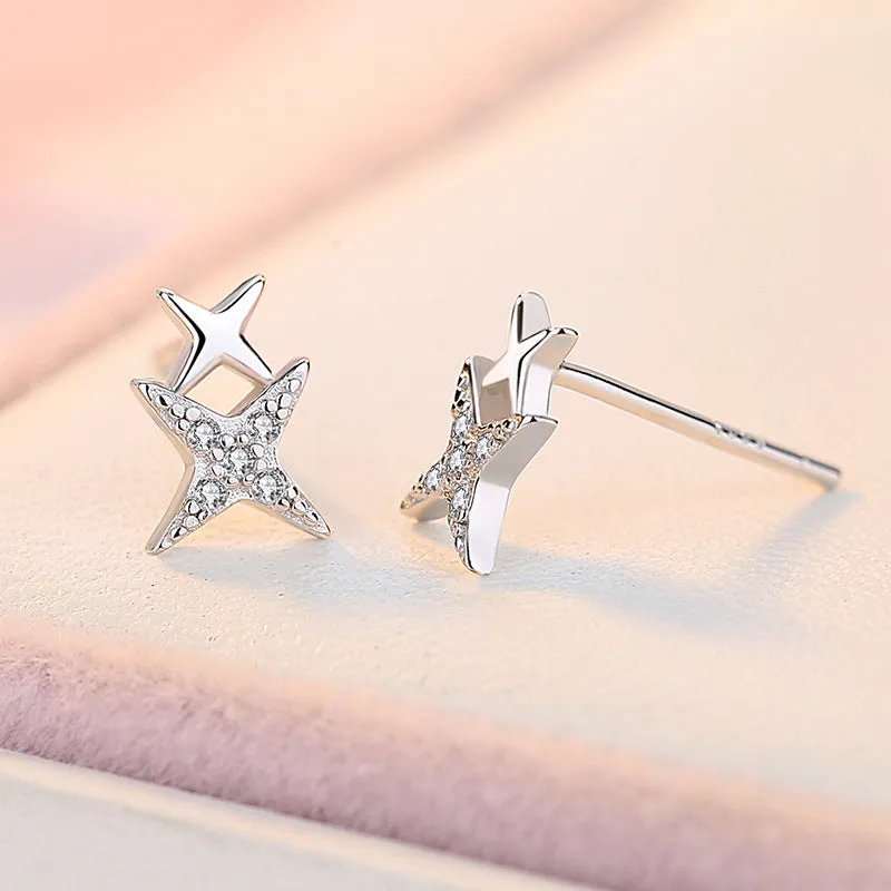 Double Cross Star Silver Studs Earrings for Women