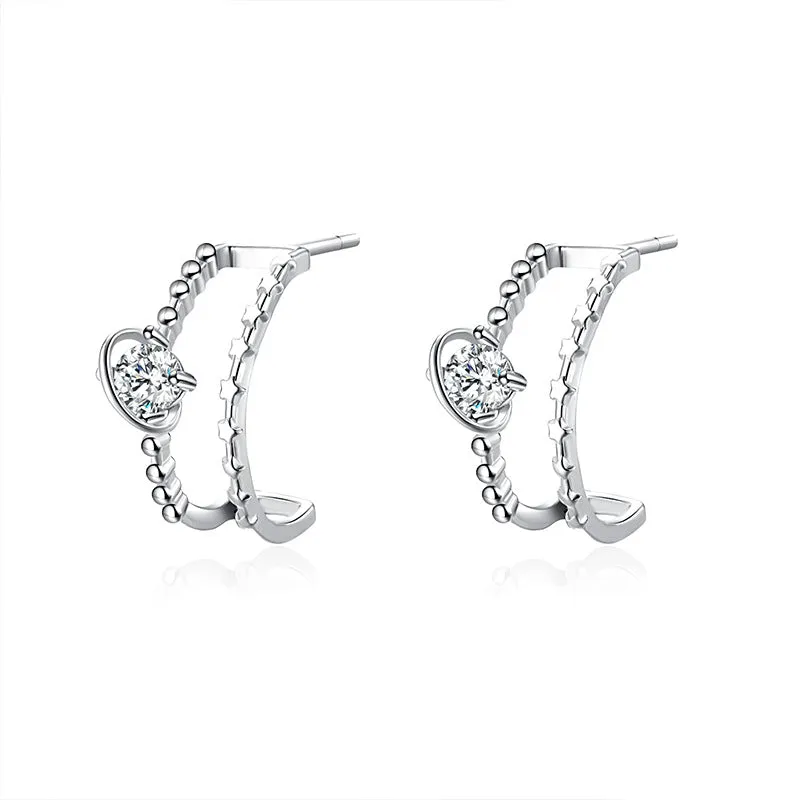 Double Layers C Shape Beading with Round Zircon Silver Studs Earrings for Women