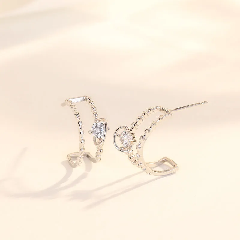 Double Layers C Shape Beading with Round Zircon Silver Studs Earrings for Women