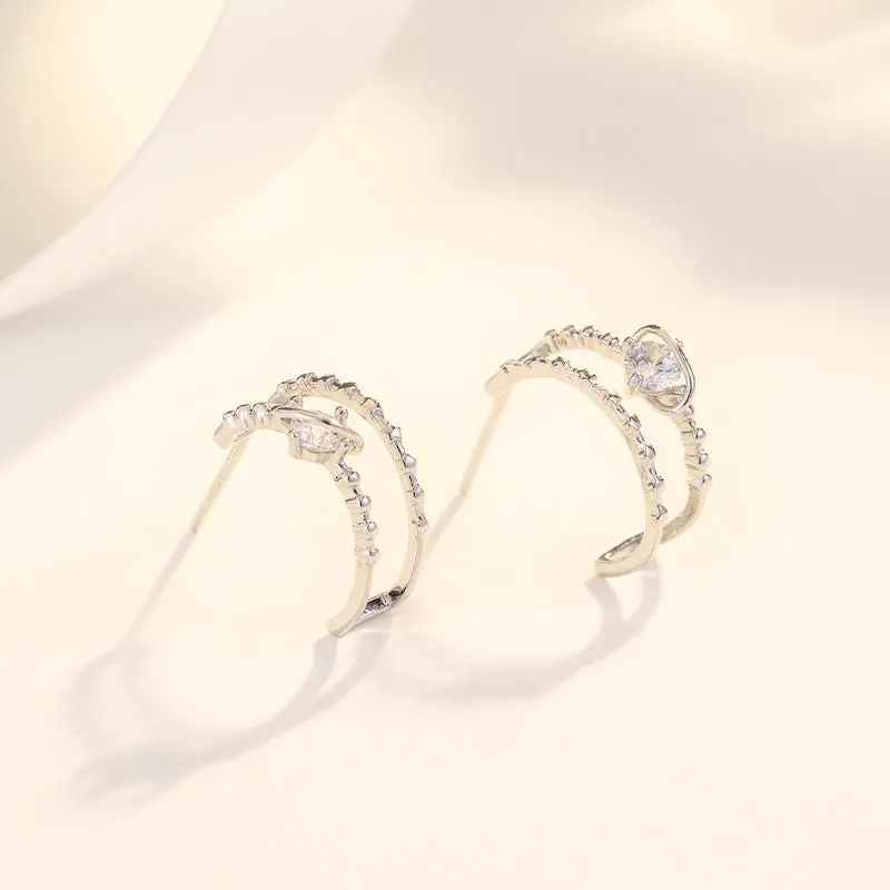 Double Layers C Shape Beading with Round Zircon Silver Studs Earrings for Women