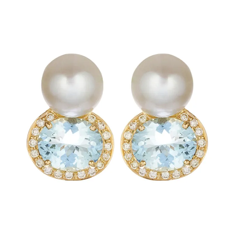 Earrings - Aquamarine, Diamond and South Sea Pearl (2222B)