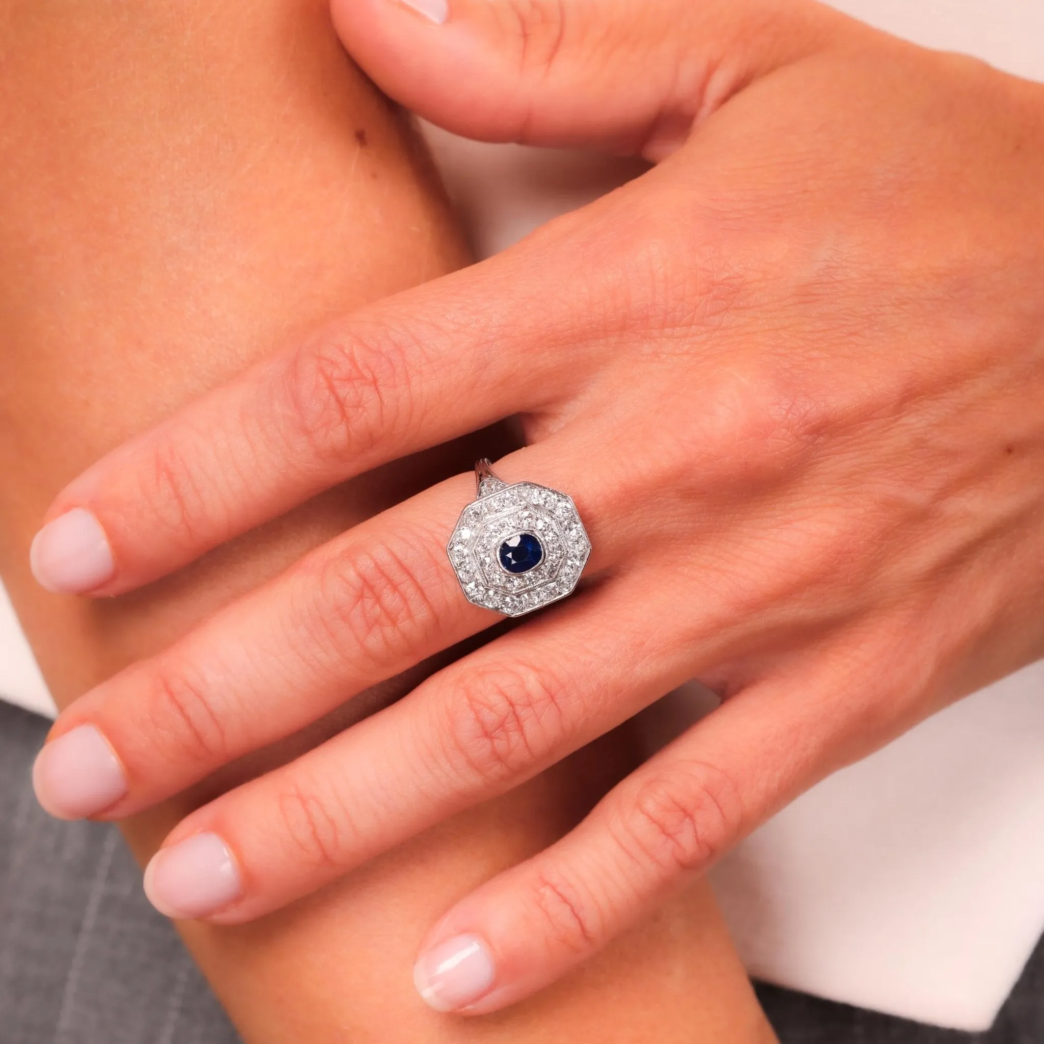 Edwardian Sapphire Diamond Platinum Double Halo Ring