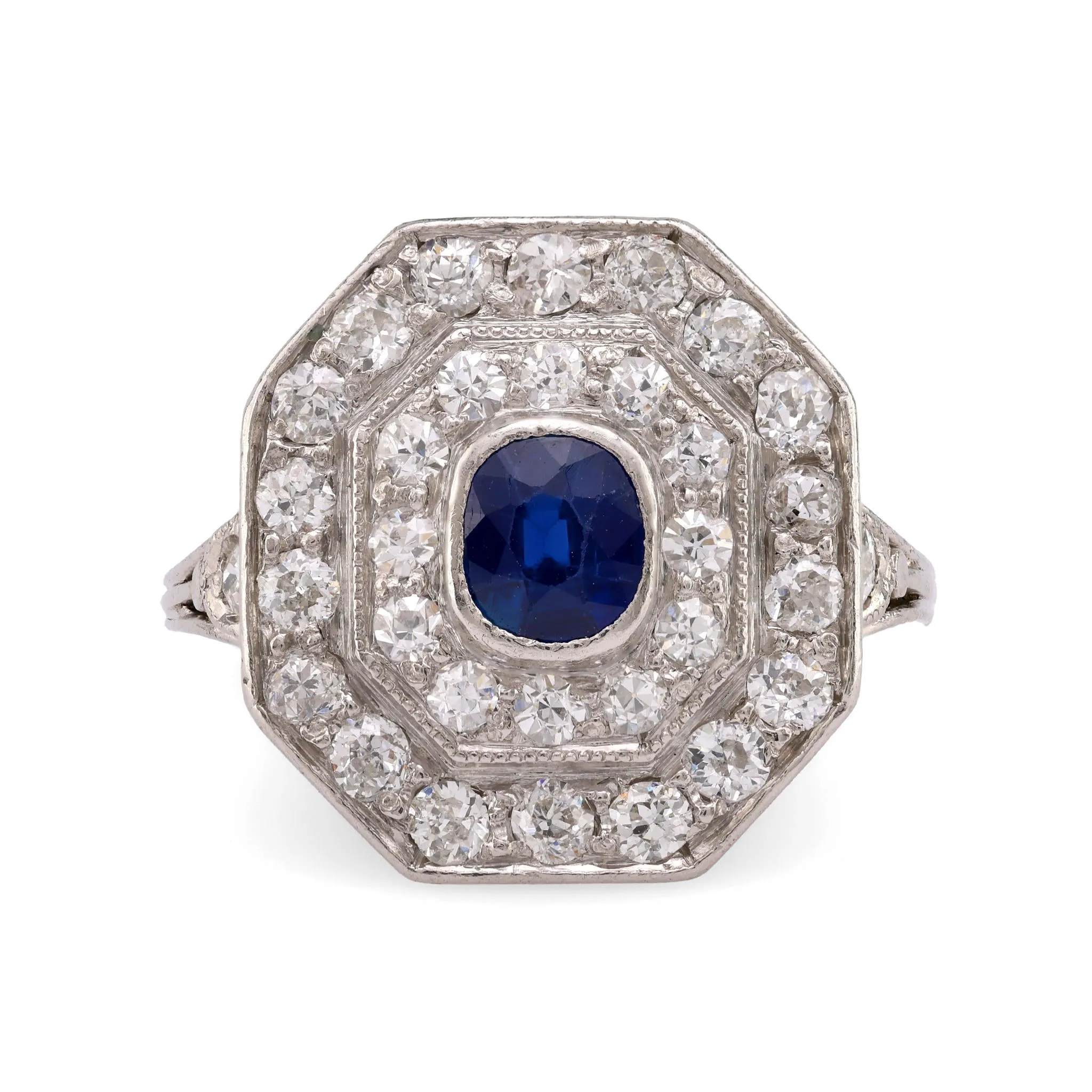 Edwardian Sapphire Diamond Platinum Double Halo Ring