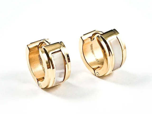 Elegant Dainty Center Mother Of Pearl Gold Tone Huggie Steel Earrings