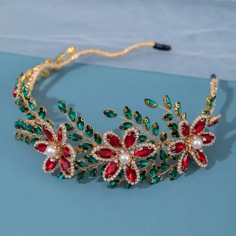 Elegant Rhinestone & Pearl Ladies Women Headband - Red and Green (Style 11)