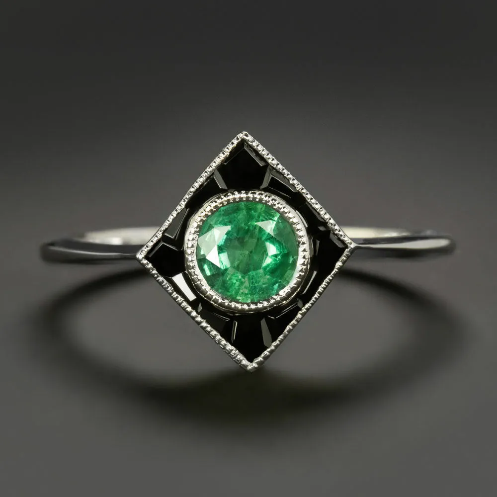 EMERALD BLACK ONYX COCKTAIL RING 14k WHITE GOLD ART DECO STYLE GEOMETRIC CALIBRE