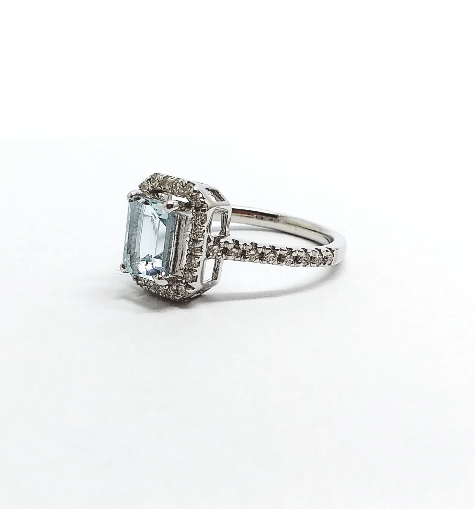 Emerald Cut Aquamarine Ring with Diamond Halo in 14k white Gold,AD NO 2106