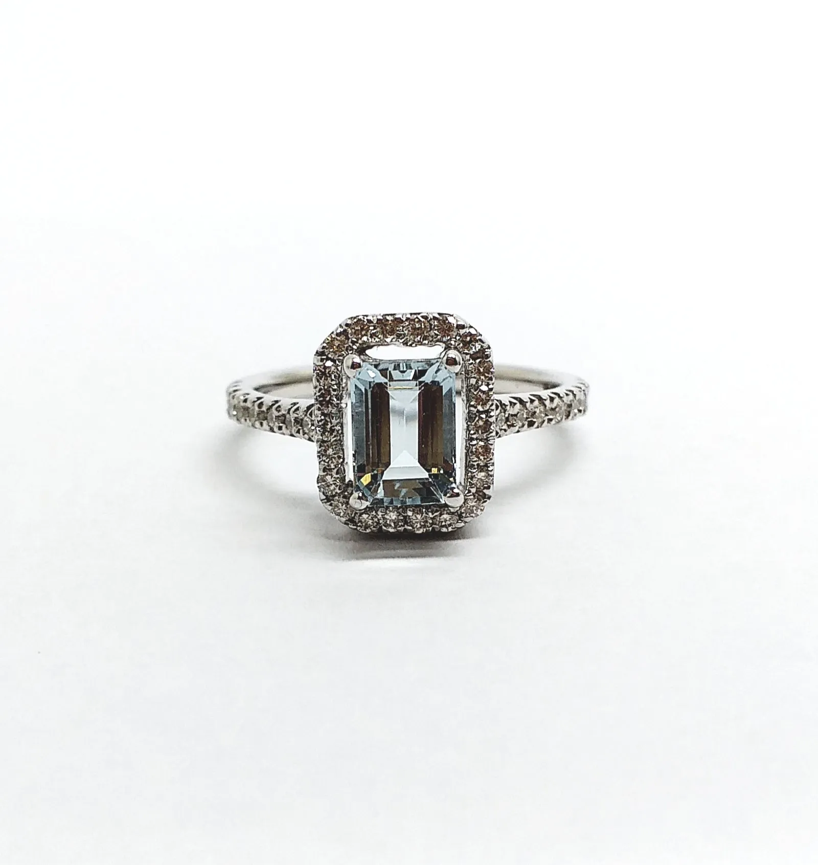 Emerald Cut Aquamarine Ring with Diamond Halo in 14k white Gold,AD NO 2106