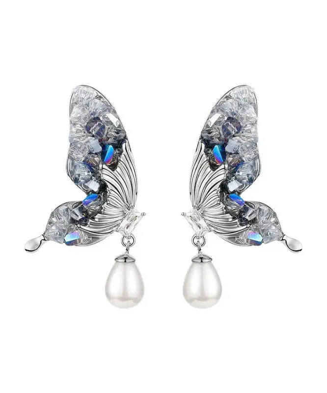 Fashion Blue Sterling Silver Zircon Pearl Crystal Butterfly Water Droplet Drop Earrings LY8980