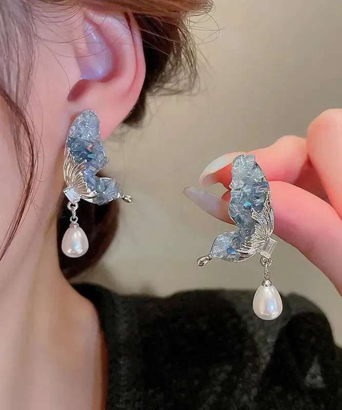 Fashion Blue Sterling Silver Zircon Pearl Crystal Butterfly Water Droplet Drop Earrings LY8980