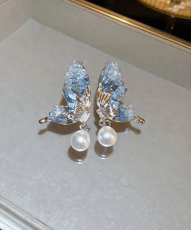 Fashion Blue Sterling Silver Zircon Pearl Crystal Butterfly Water Droplet Drop Earrings LY8980