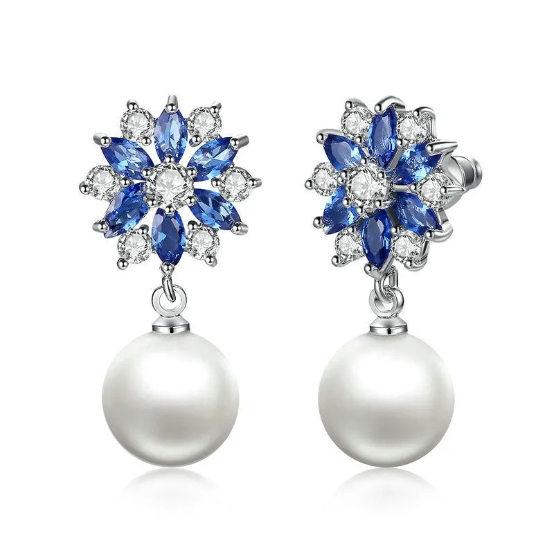 Fashion Platinum Plated Blue Crystals Pearl Dangle Earrings Drop Earrings for Women Earrings Engagement Jewelry