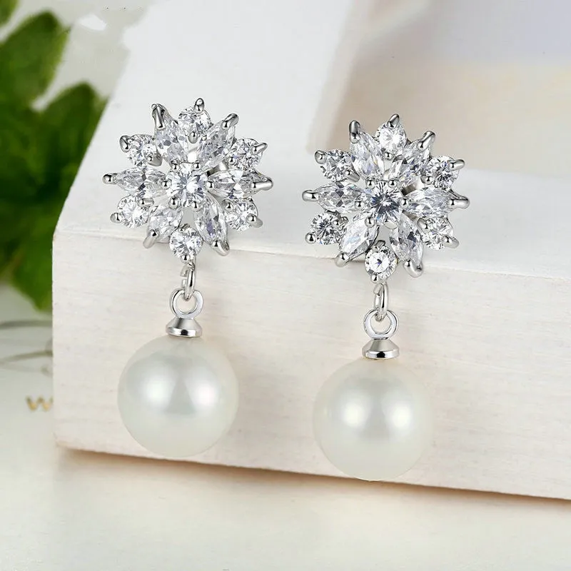 Fashion Platinum Plated Blue Crystals Pearl Dangle Earrings Drop Earrings for Women Earrings Engagement Jewelry