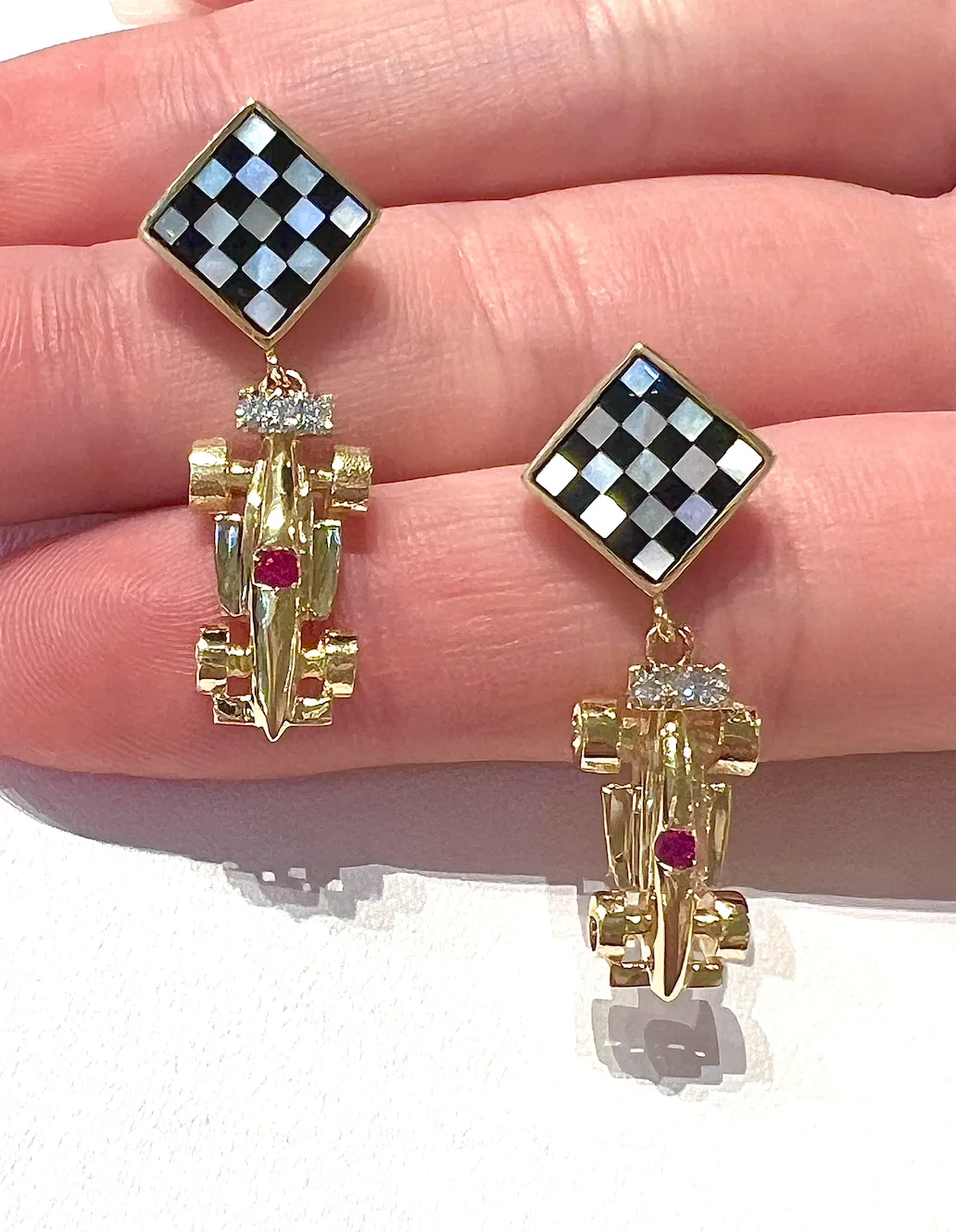 Formula One Race Car Mother of Pearl Checkered Flag Ruby & Diamond Earrings