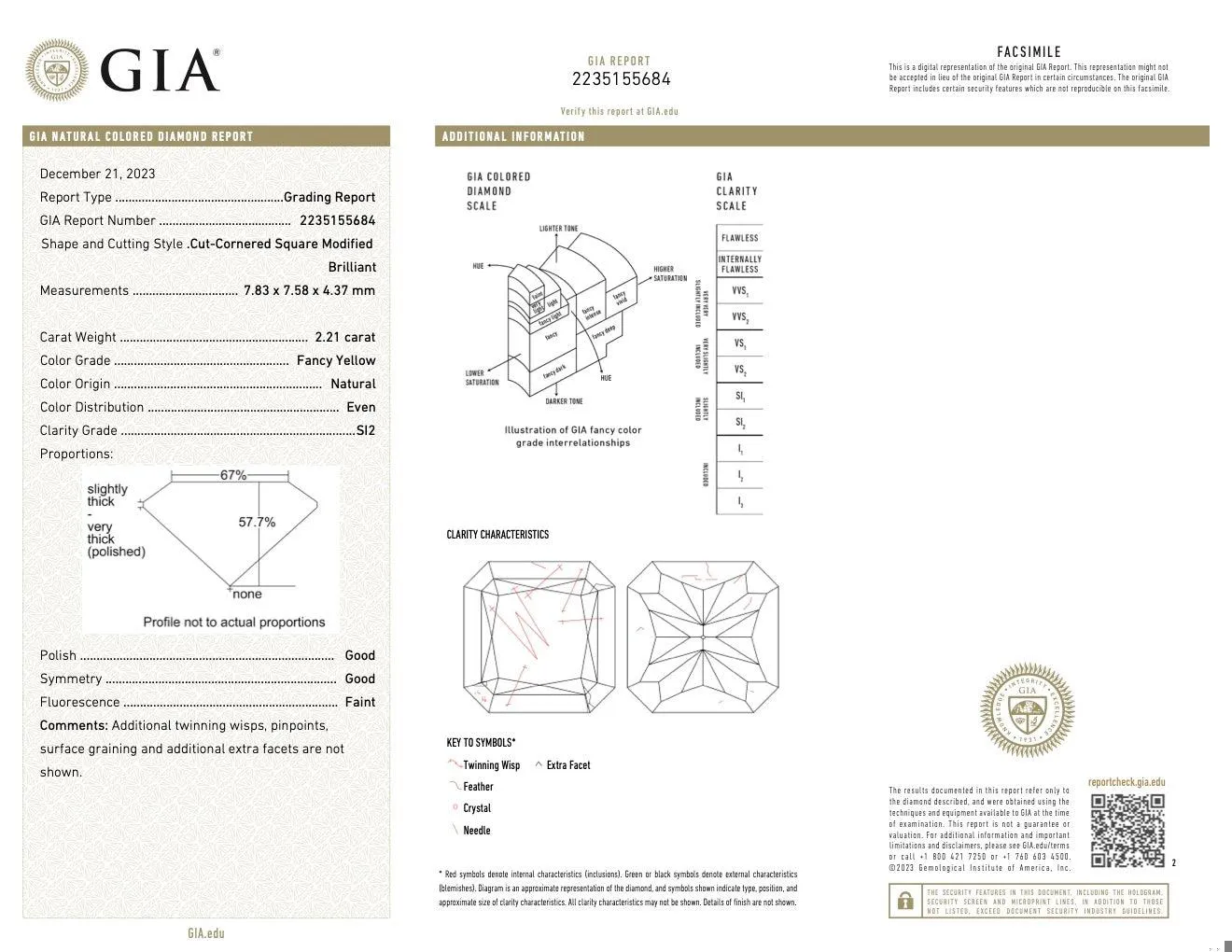 GIA 2.21 Carat Fancy Yellow Radiant Cut Diamond Platinum 18k Gold Ring