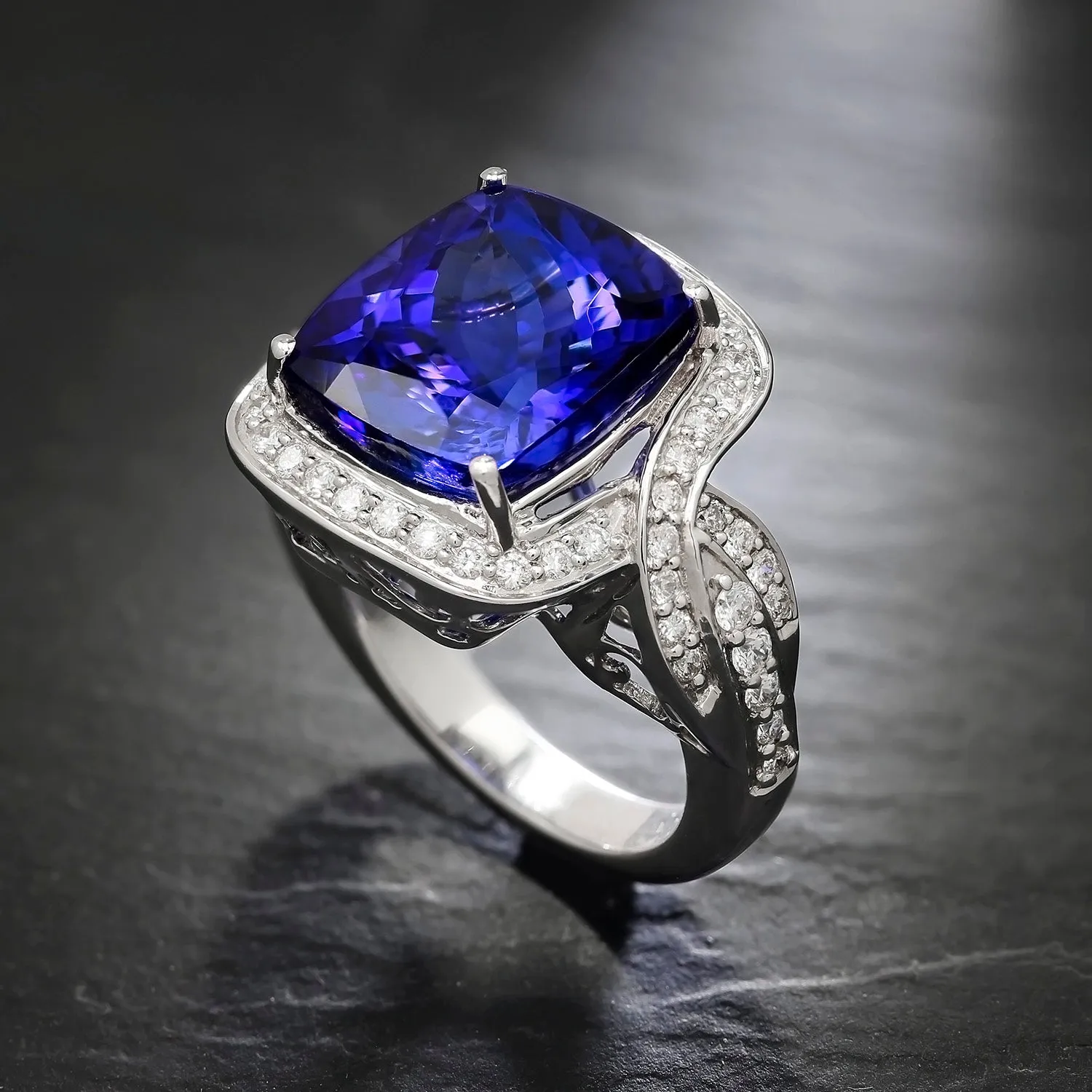 GIA Certified Tanzanite Criss Cross Ring with Diamonds in White Gold