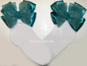 Glitzy Teal Organza Bow Socks