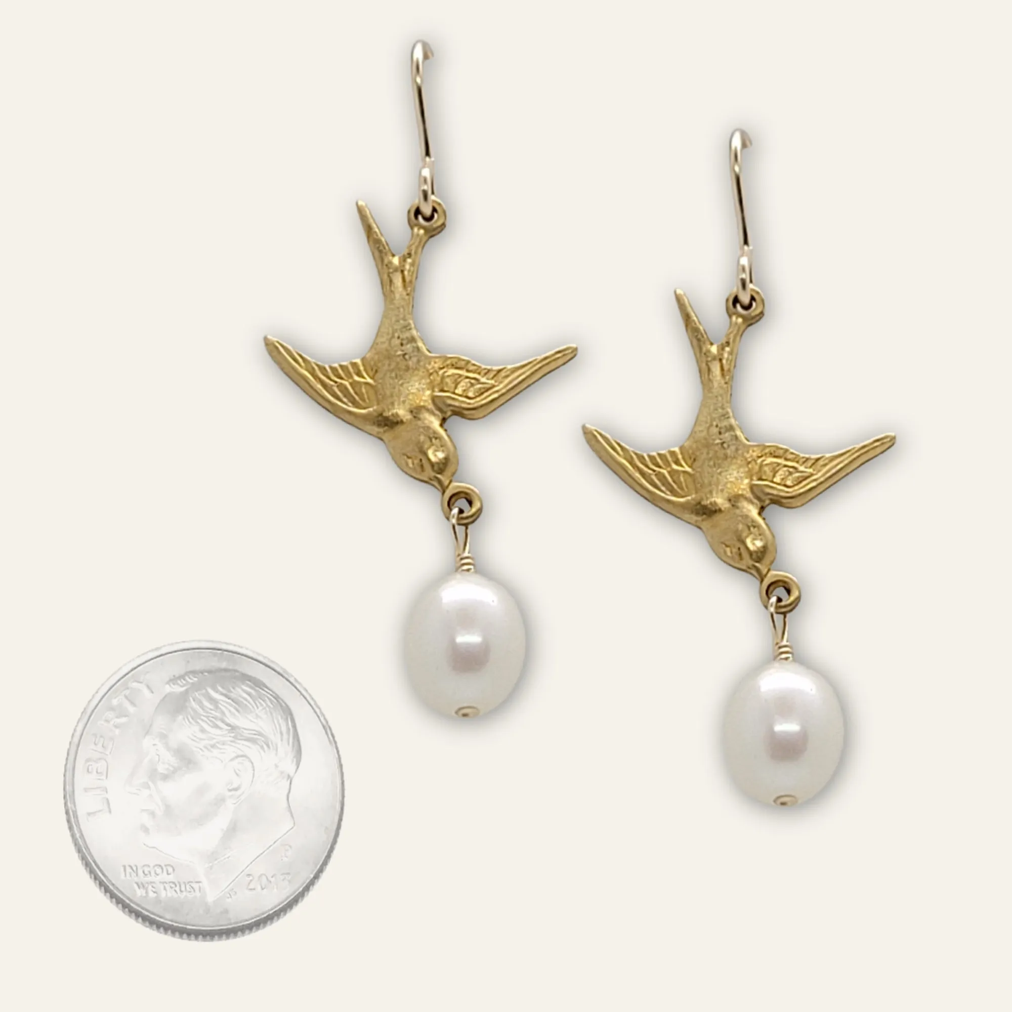 Golden Bird Earrings | Freshwater Pearl