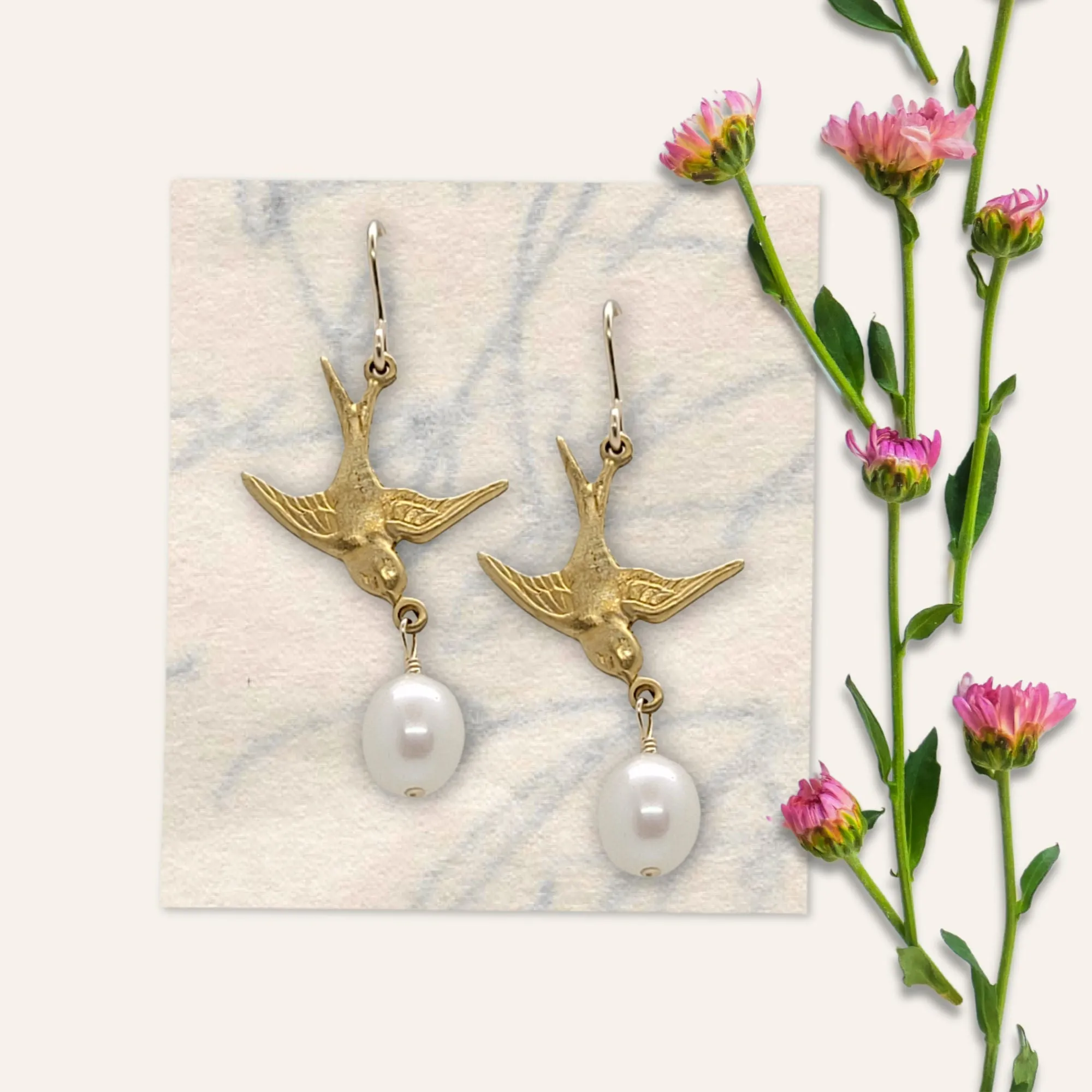 Golden Bird Earrings | Freshwater Pearl