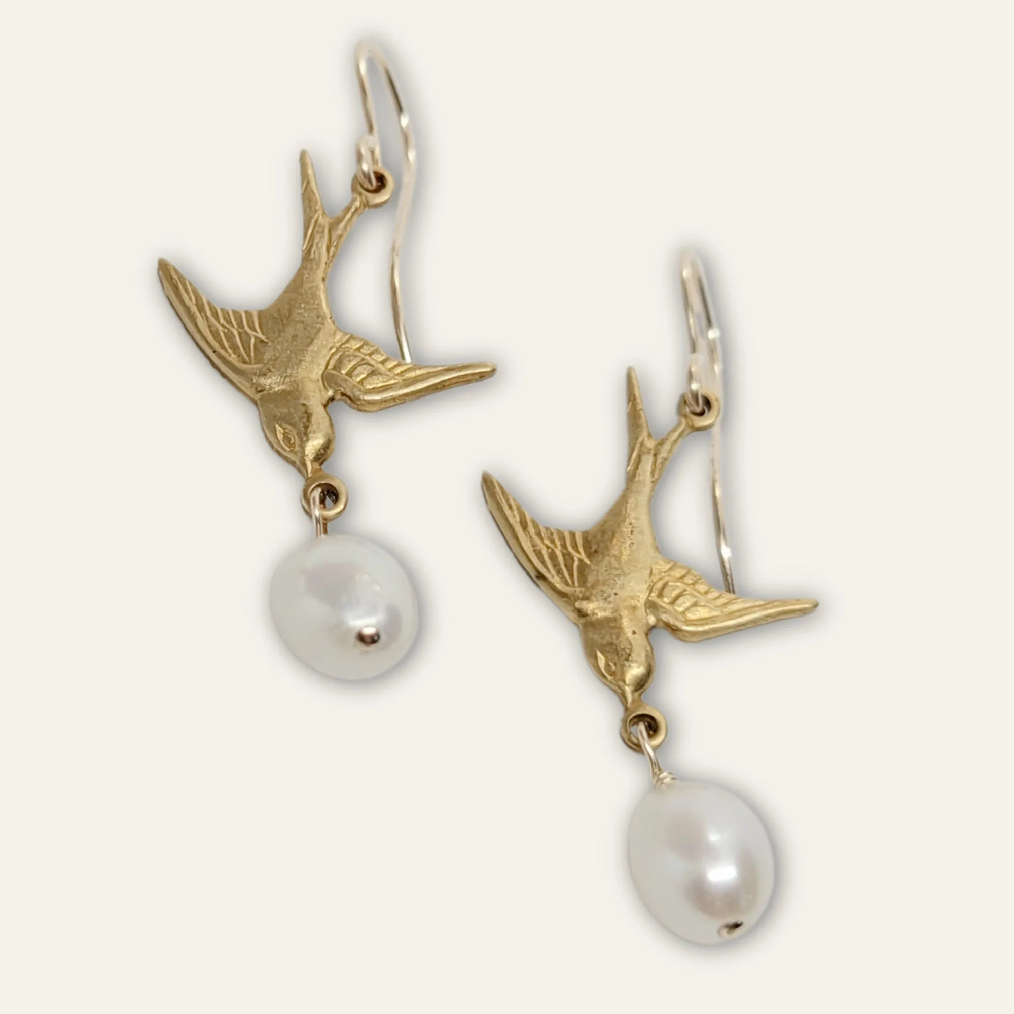 Golden Bird Earrings | Freshwater Pearl