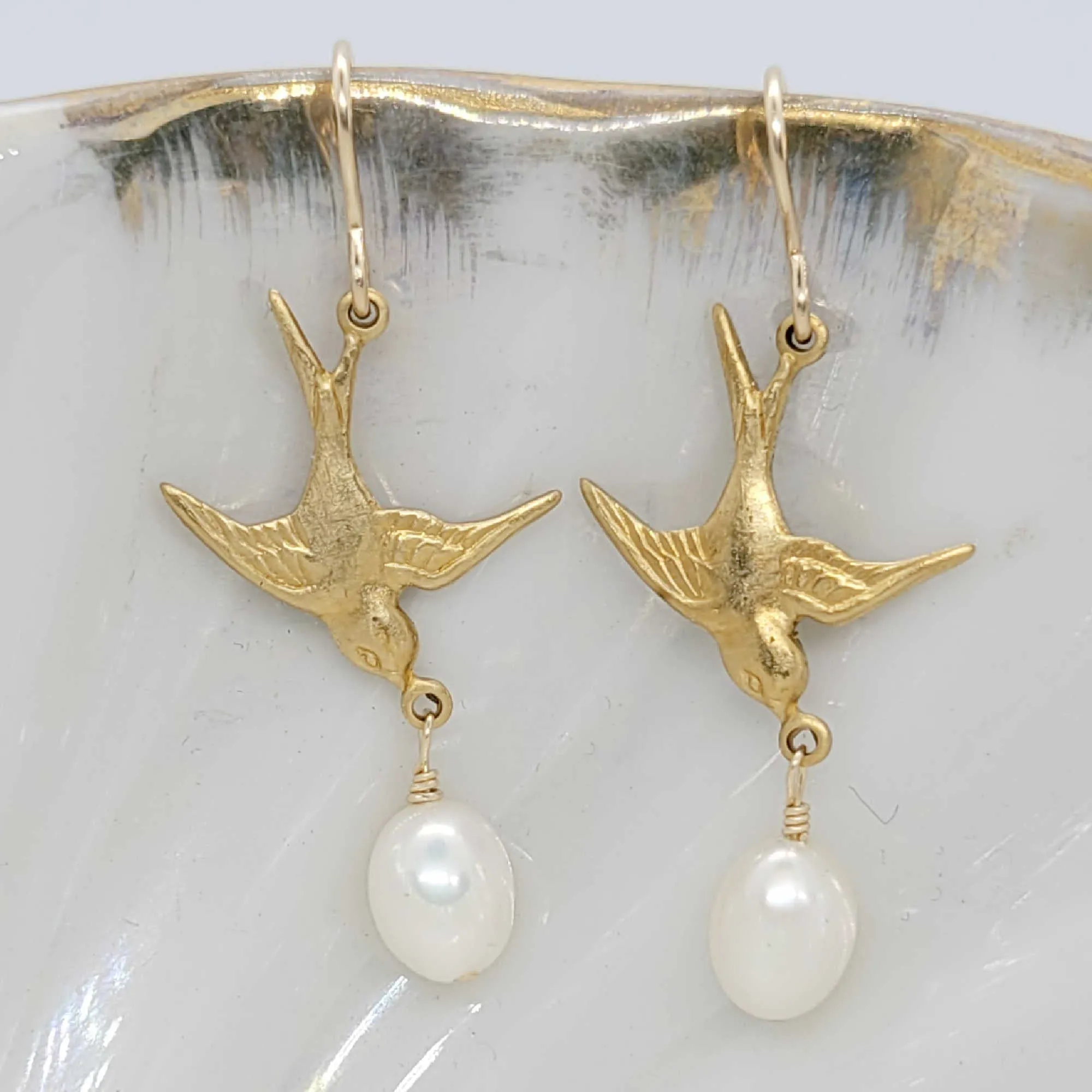 Golden Bird Earrings | Freshwater Pearl