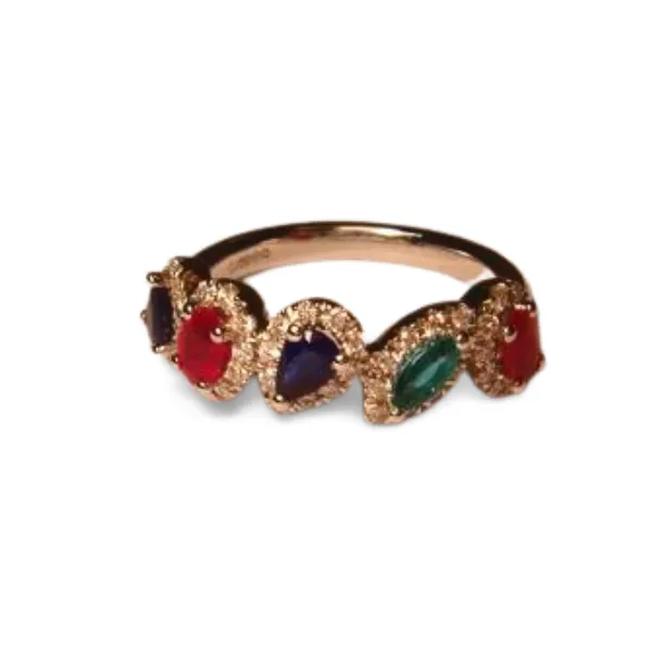 Gorgeous 18K White Gold Ruby Sapphire Emerald Diamond Band Ring