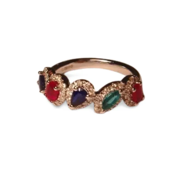 Gorgeous 18K White Gold Ruby Sapphire Emerald Diamond Band Ring