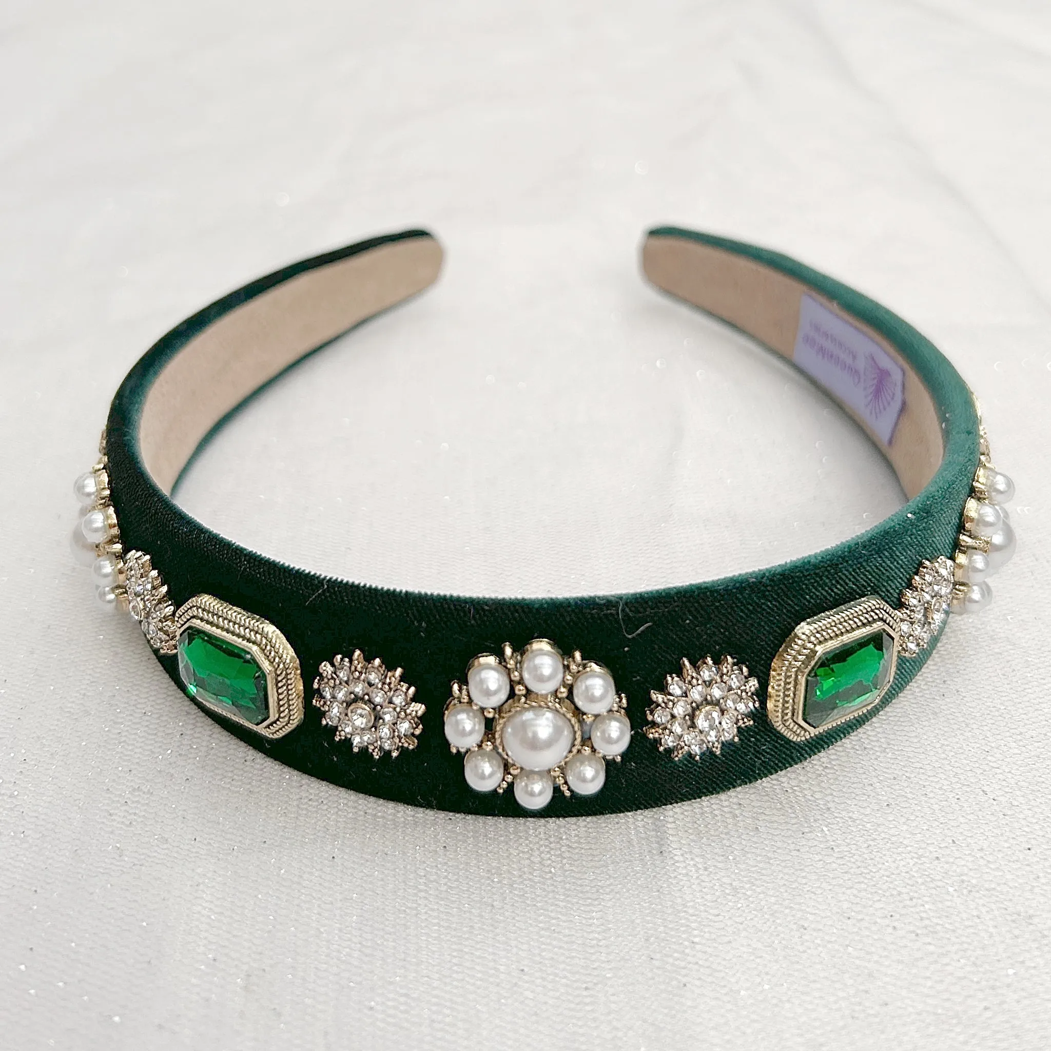 Green Velvet Headband with Pearls Wedding Guest Hair Band