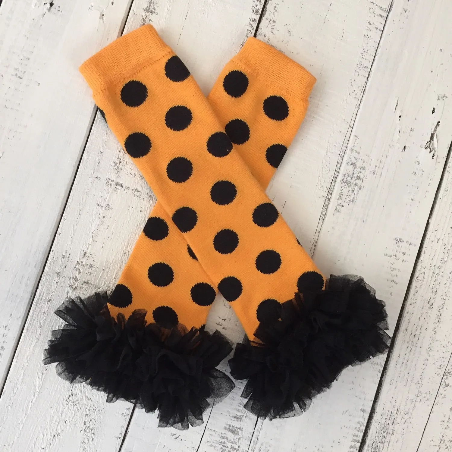 Halloween Set - Orange and black polka dot leg warmers - black ruffle bloomer - matching flower headband