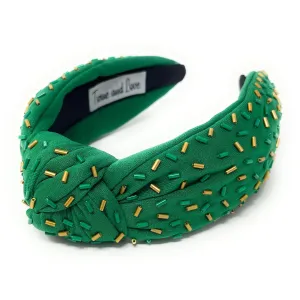 Hand Beaded Green Gold Confetti Knot Headband