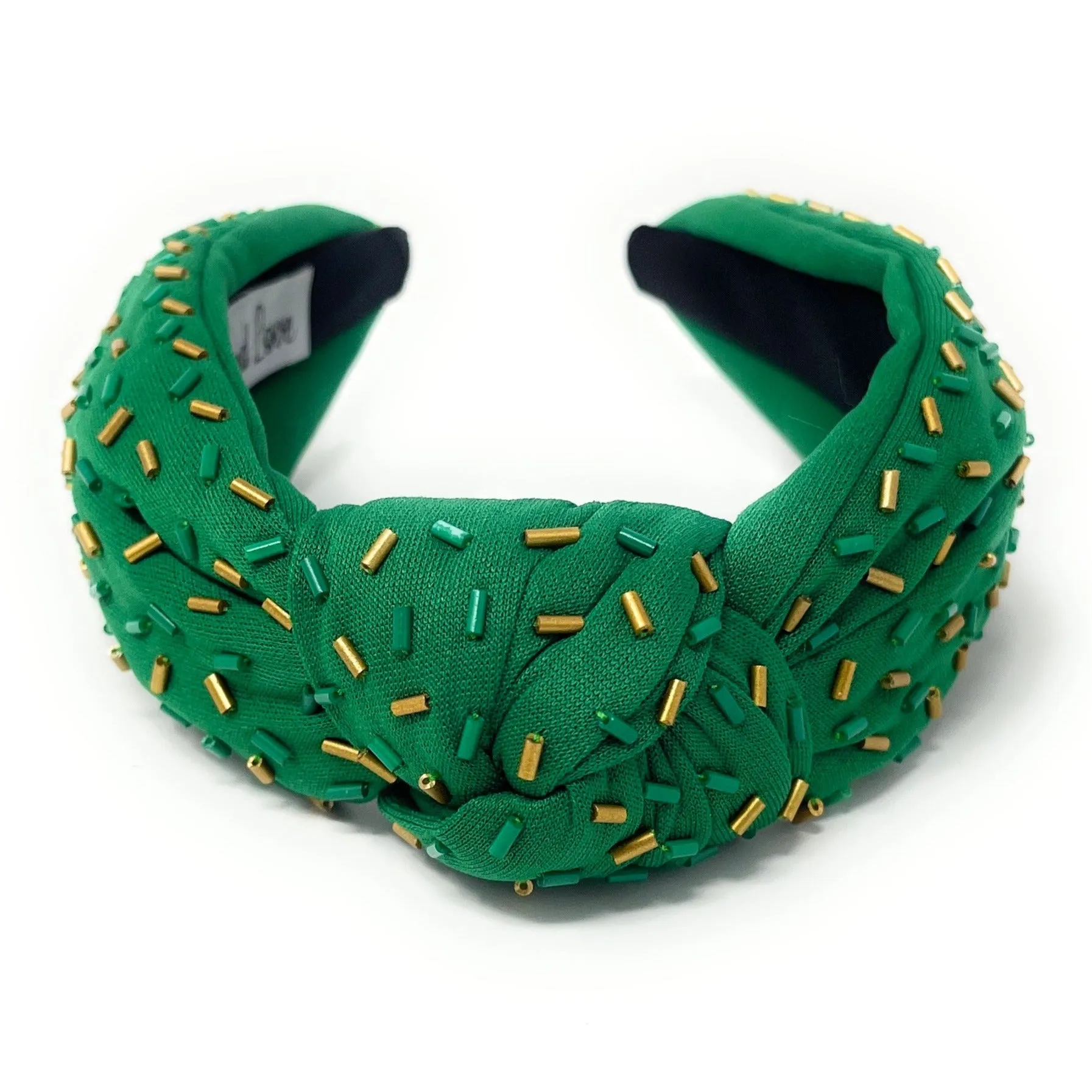 Hand Beaded Green Gold Confetti Knot Headband