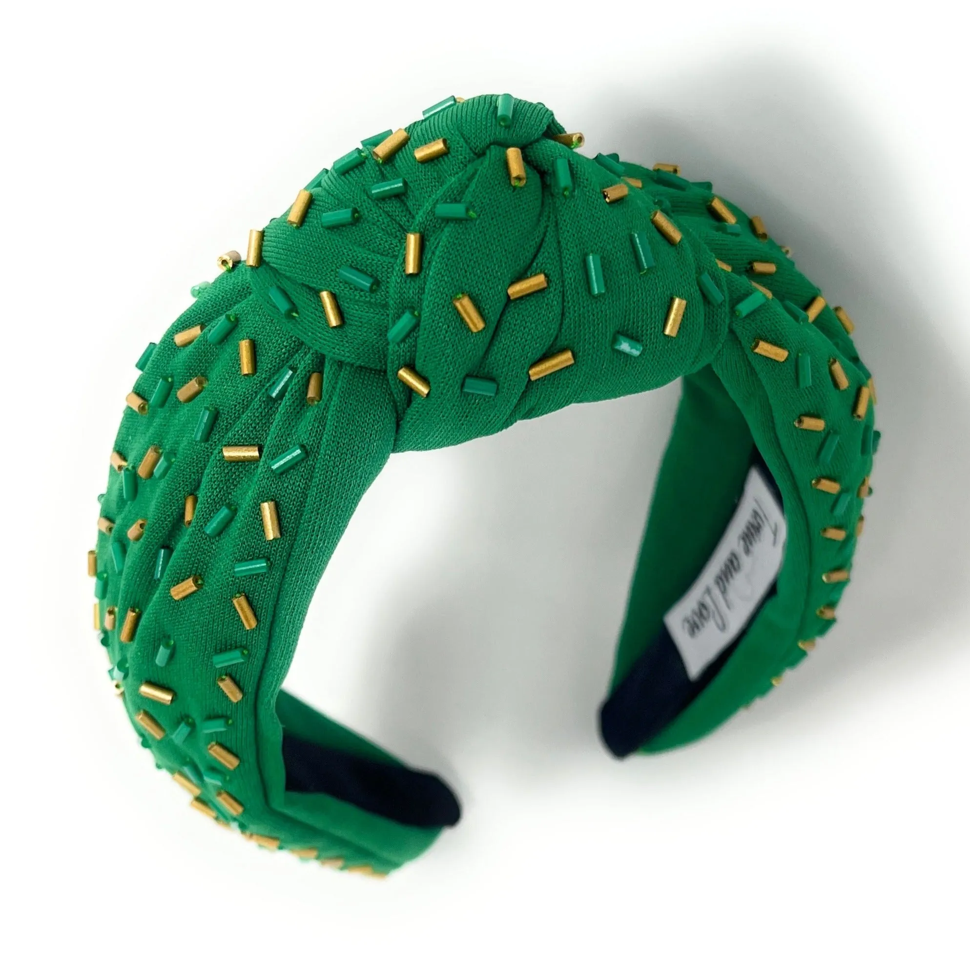 Hand Beaded Green Gold Confetti Knot Headband