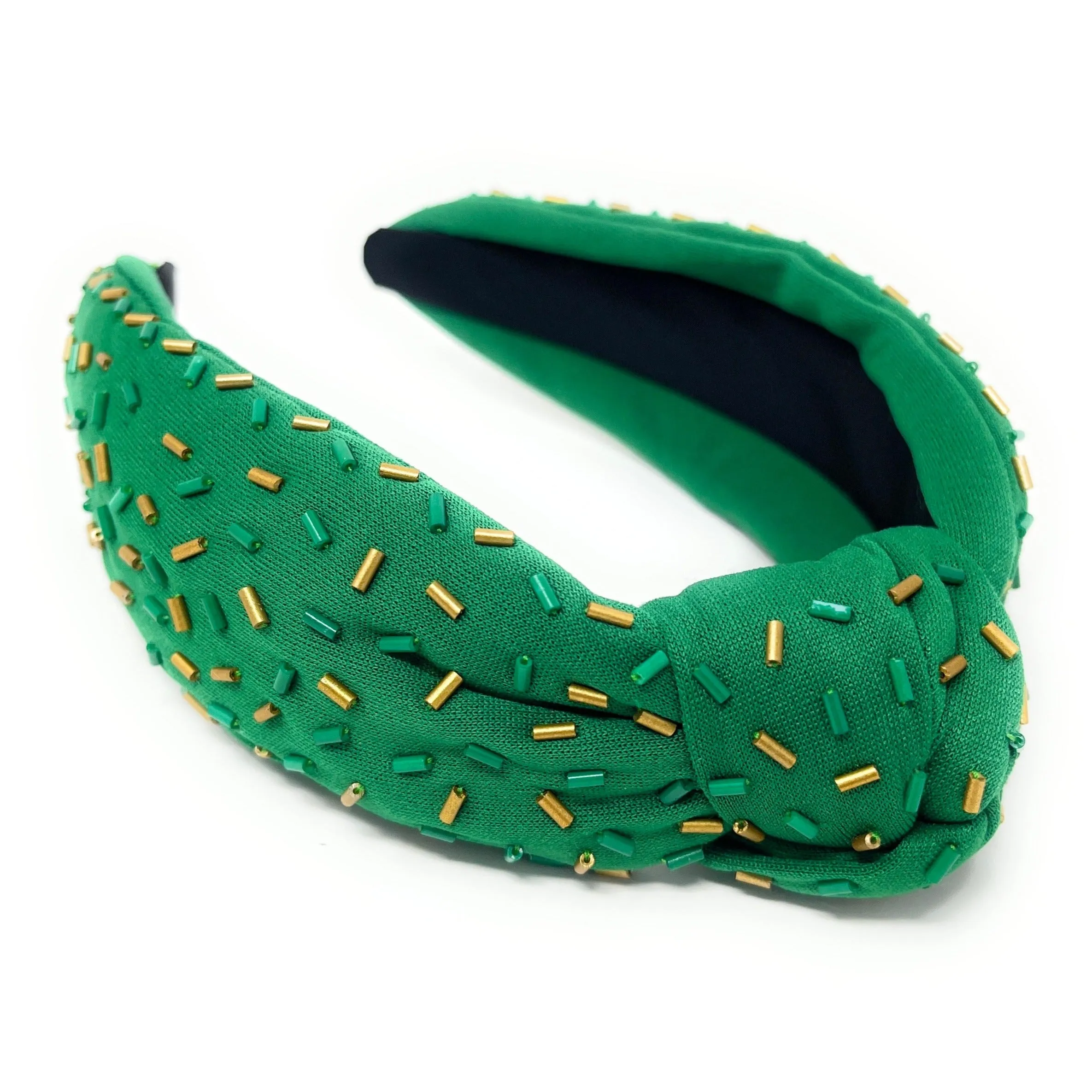 Hand Beaded Green Gold Confetti Knot Headband