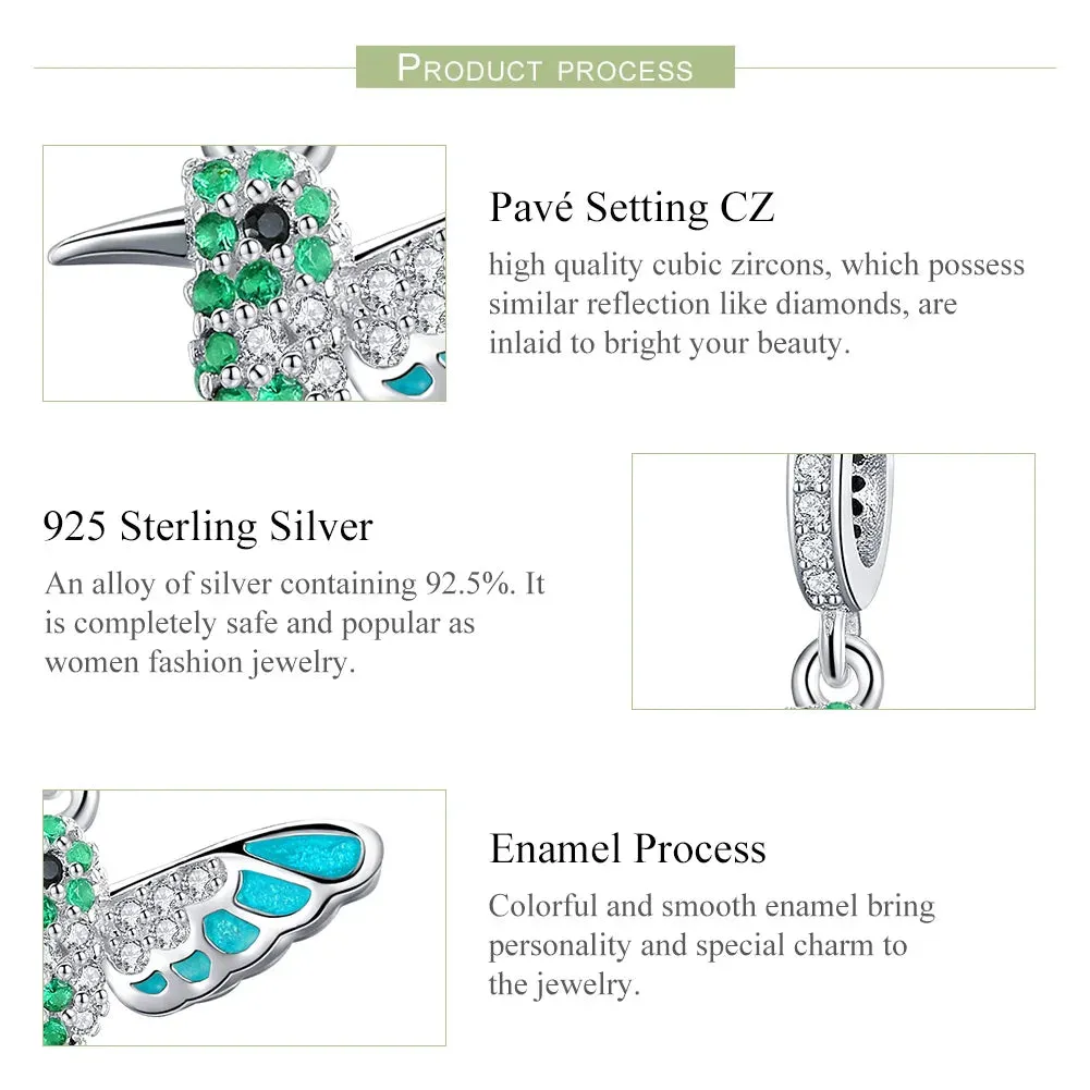 Hummingbird Charm with 925 Sterling Silver and cubic zirconia