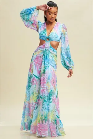 Jia Printed Cut-Out Maxi Dress - Aqua & Lilac Palm