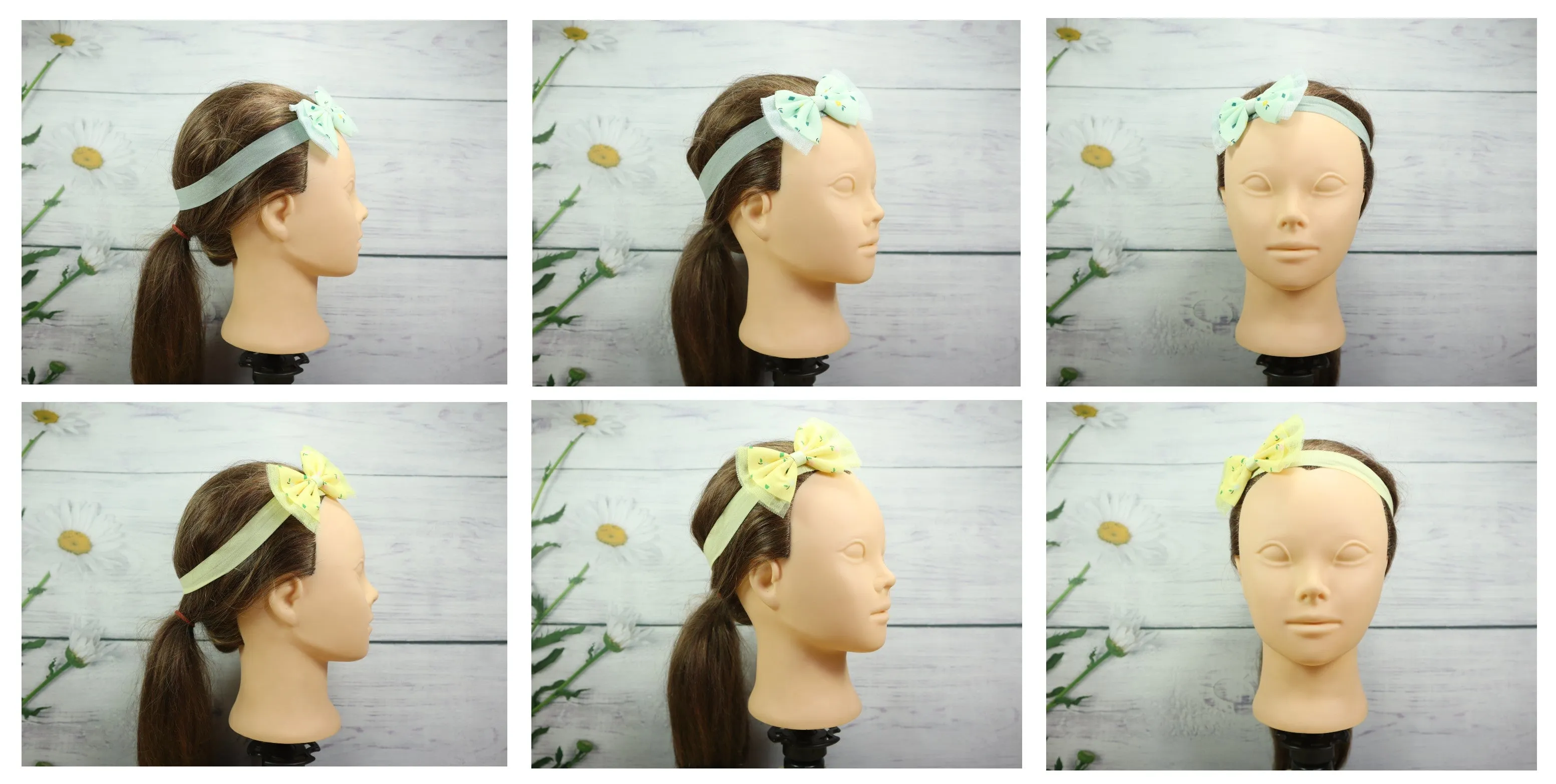 Kamule Bow Net Headband Flower Print set of 2 -Yellow-Green