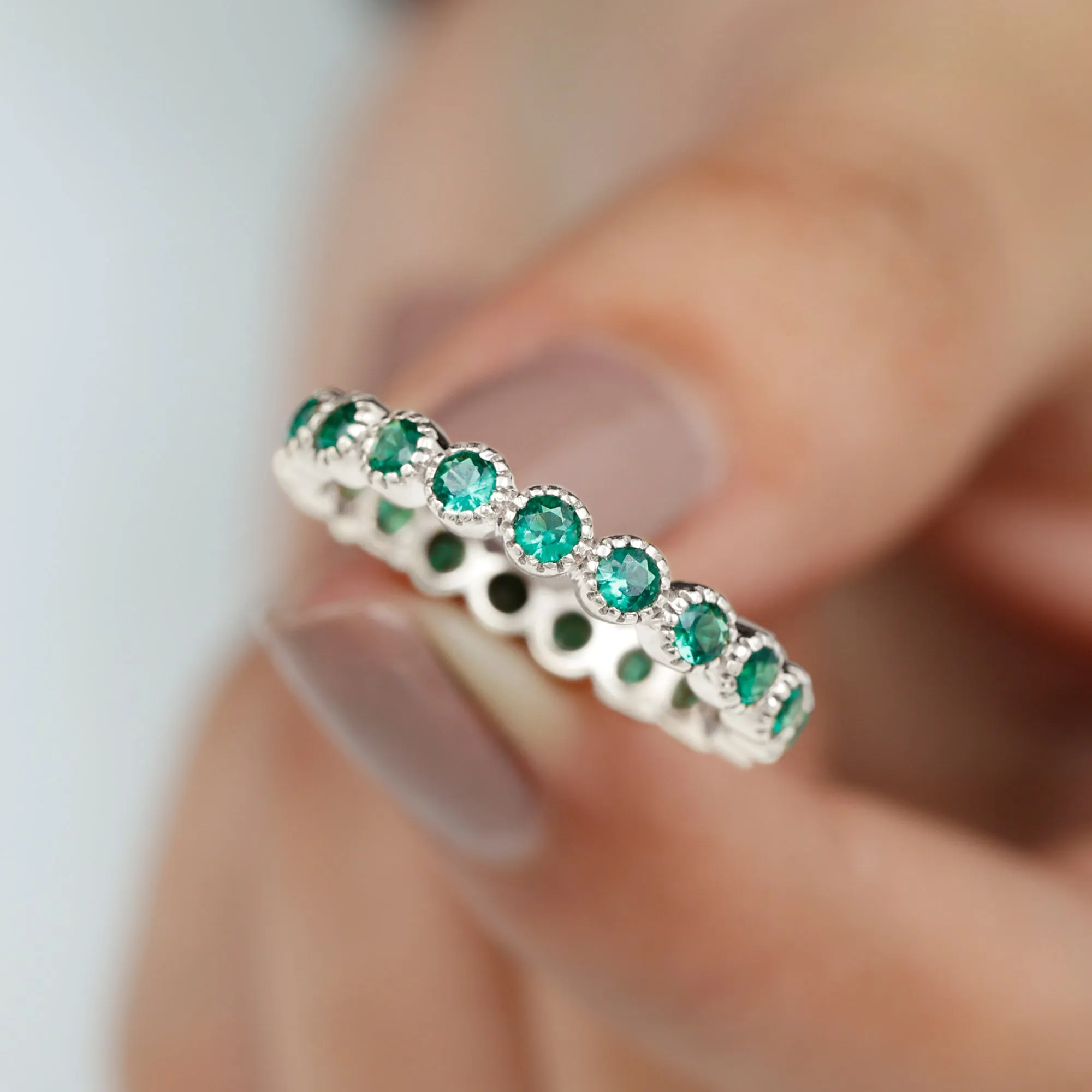 Lab Grown Emerald Eternity Ring in Milgrain Bezel Setting