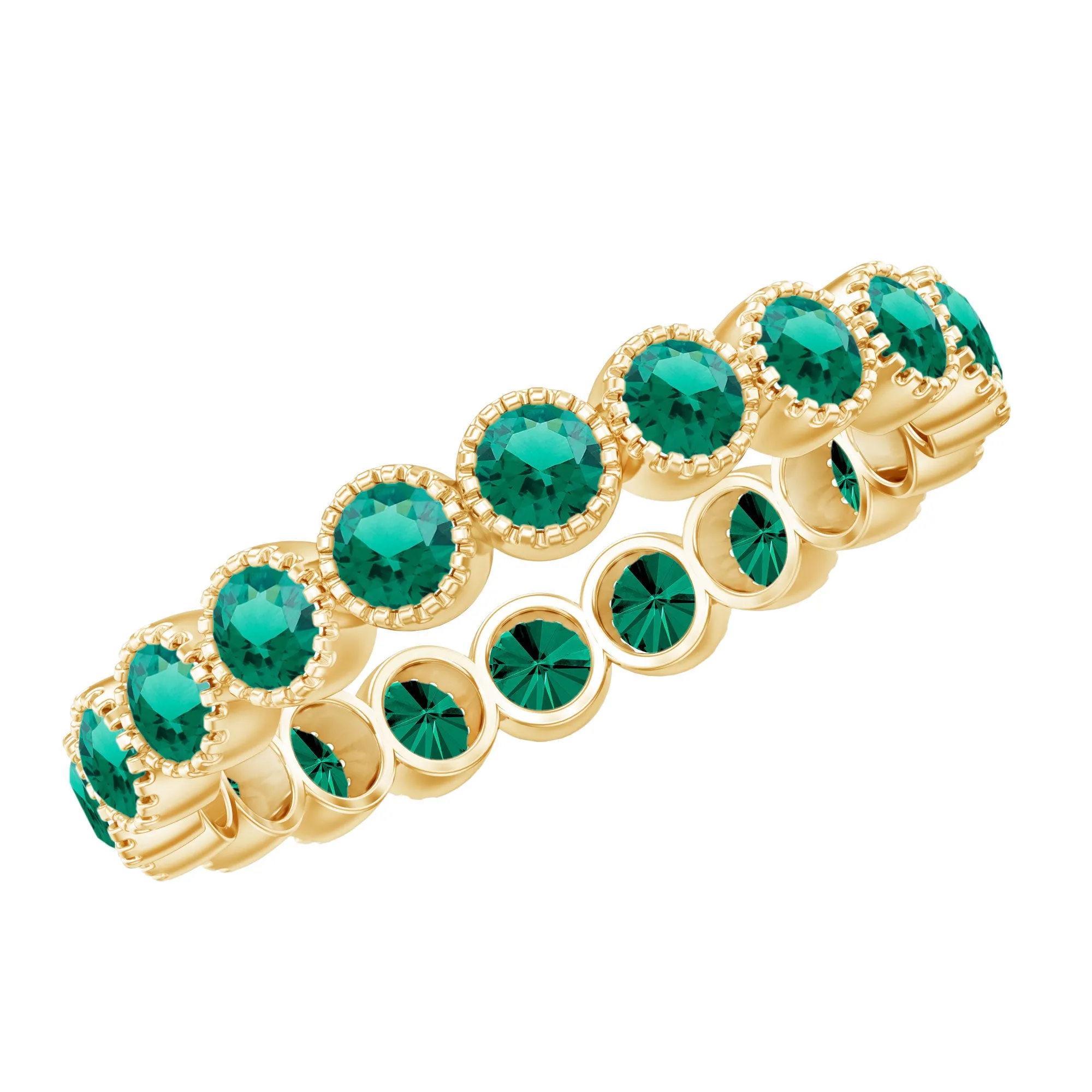 Lab Grown Emerald Eternity Ring in Milgrain Bezel Setting