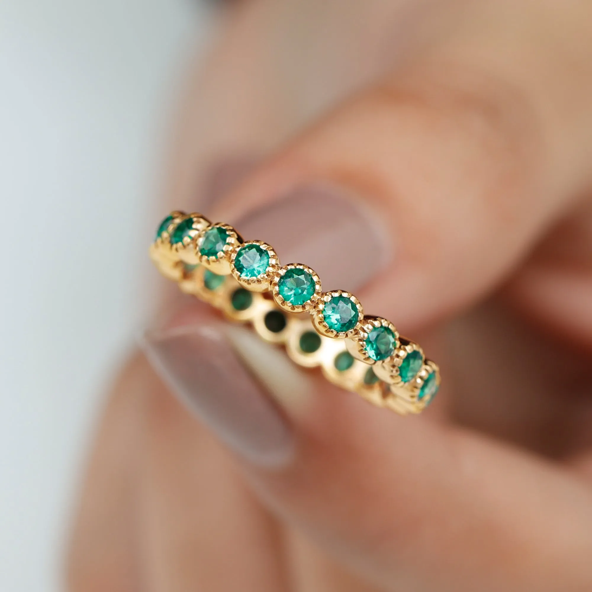 Lab Grown Emerald Eternity Ring in Milgrain Bezel Setting