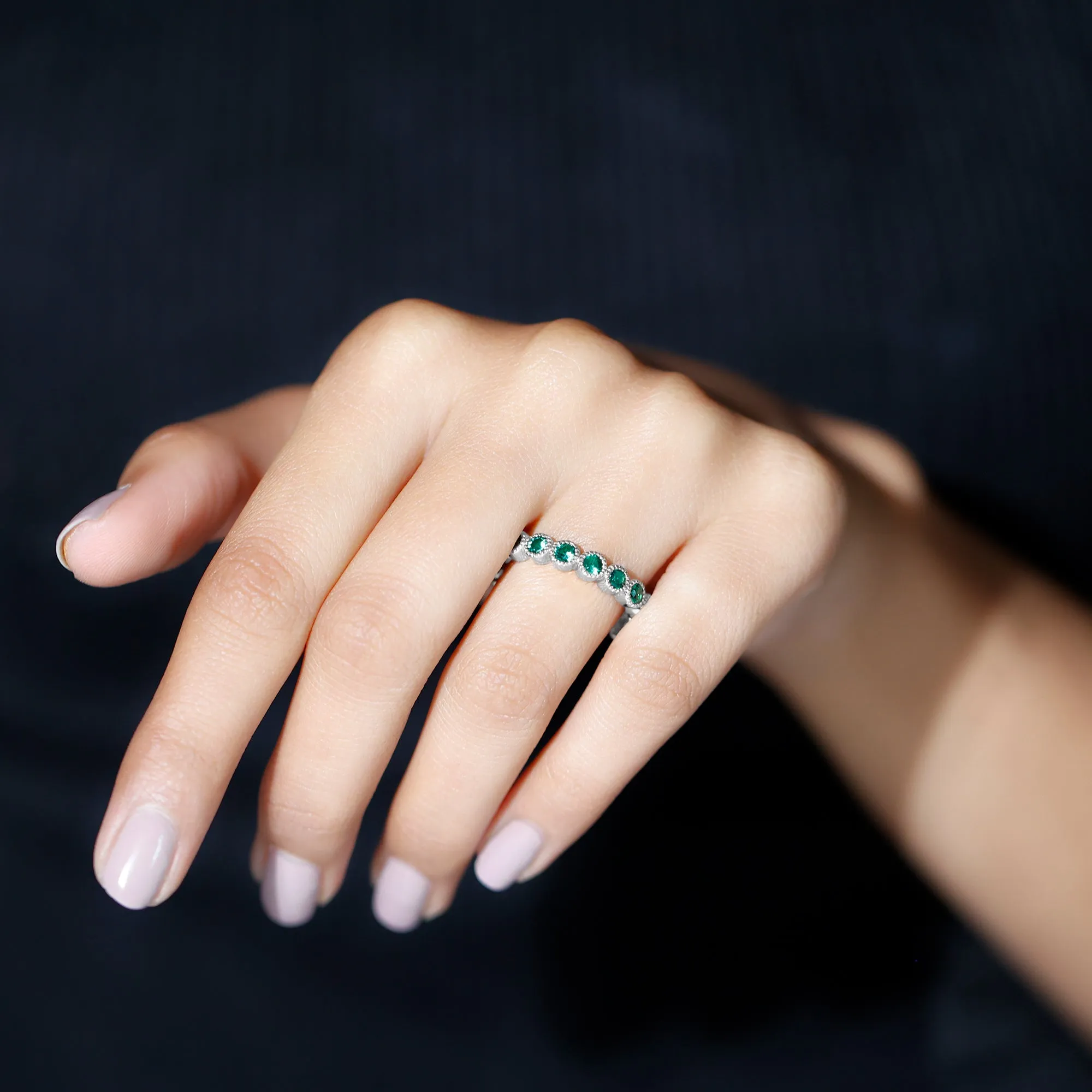 Lab Grown Emerald Eternity Ring in Milgrain Bezel Setting