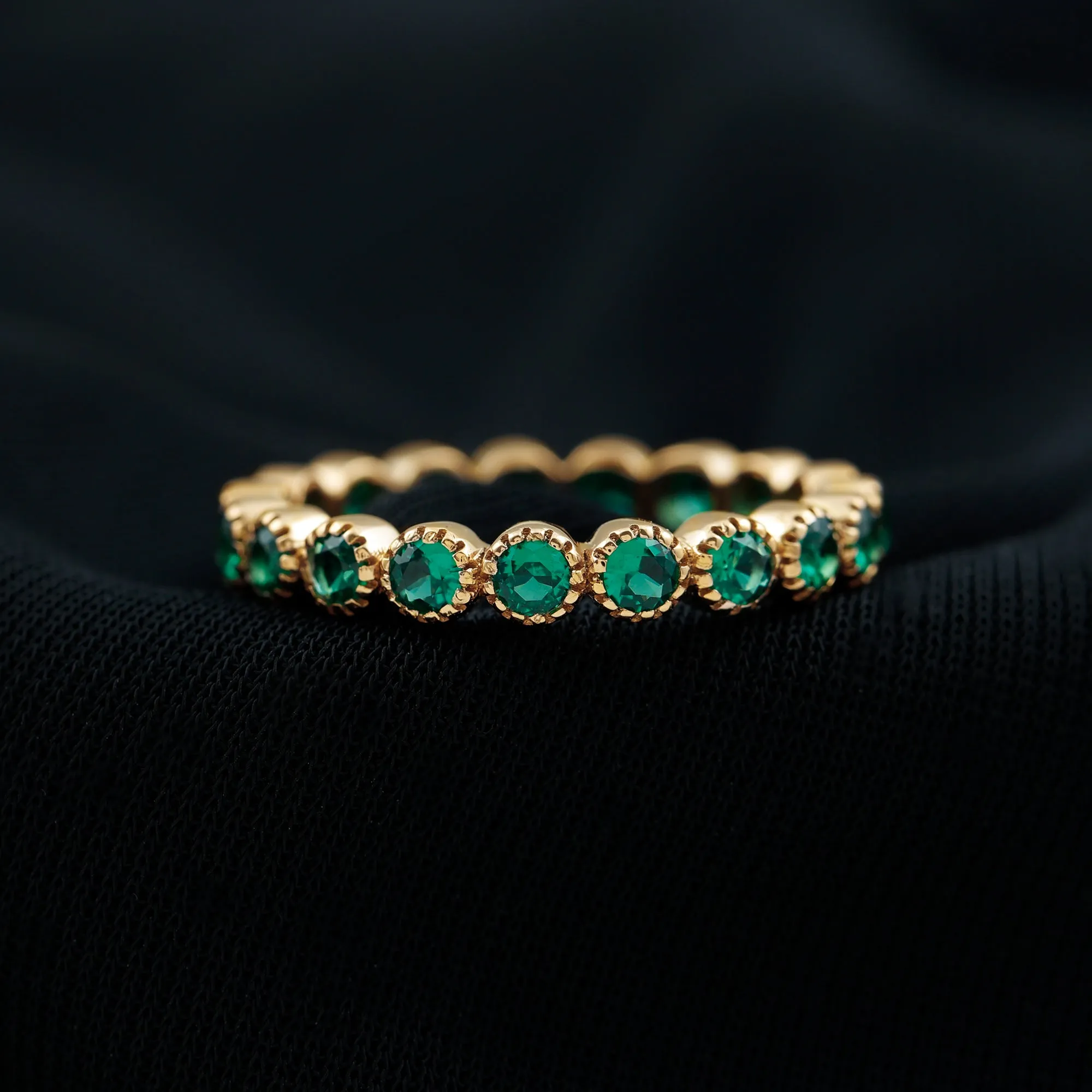 Lab Grown Emerald Eternity Ring in Milgrain Bezel Setting