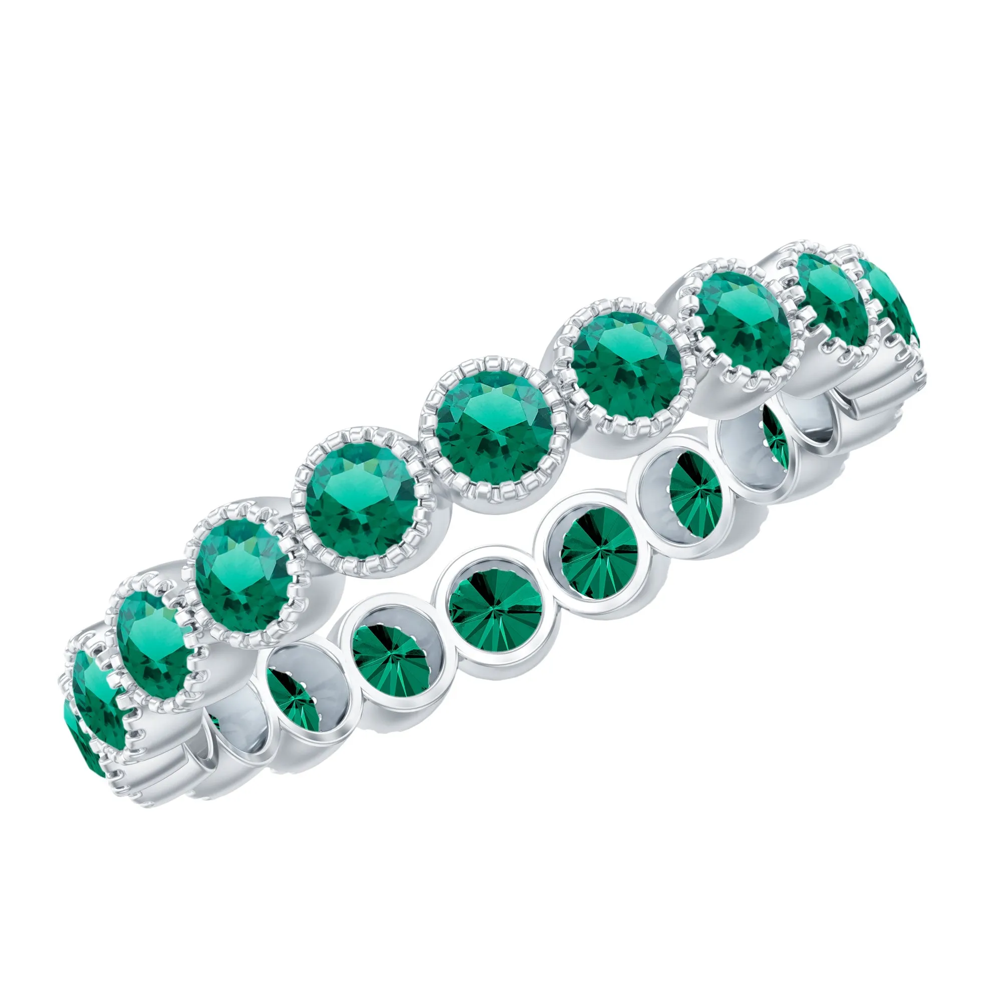 Lab Grown Emerald Eternity Ring in Milgrain Bezel Setting