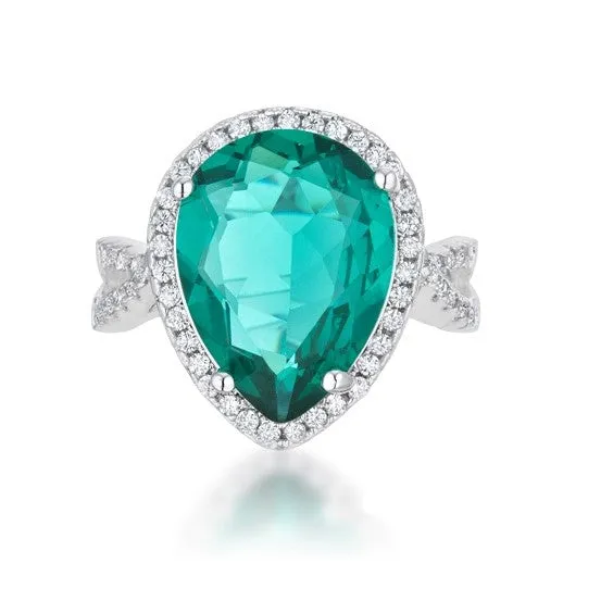 Laura Teal Aqua Green Pear Halo Ring | 10ct