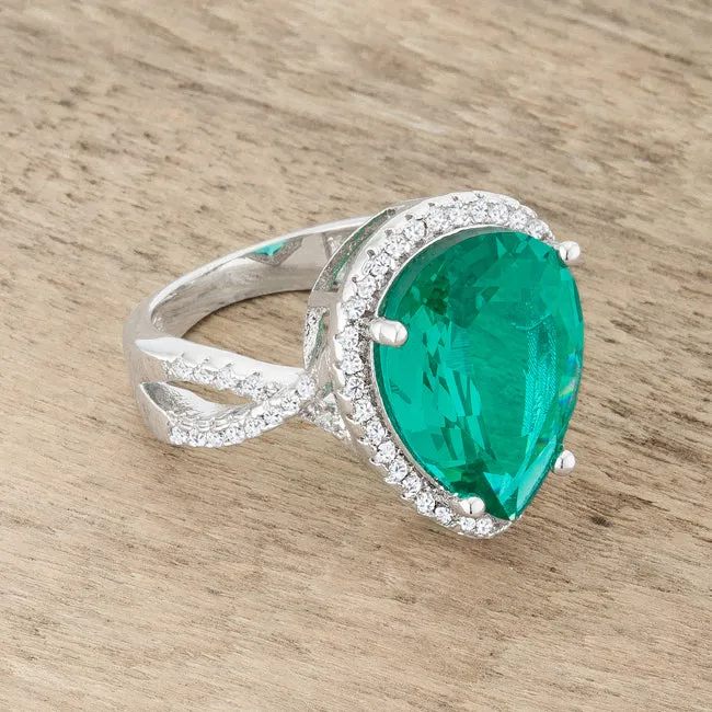 Laura Teal Aqua Green Pear Halo Ring | 10ct