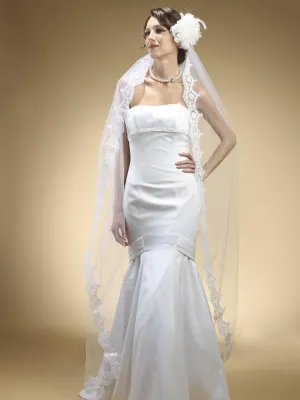 Long Bridal Veil, Pearl Lace Trim