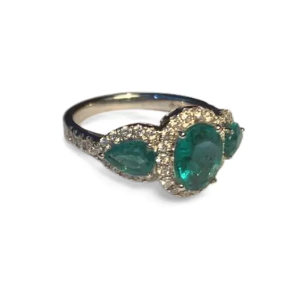 Magnificent 18K White Gold 3-Stone Emerald Diamond Anniversary Band Ring