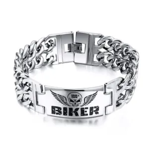 Men Biker Bracelet 316L Stainless Steel Skull Double Chain